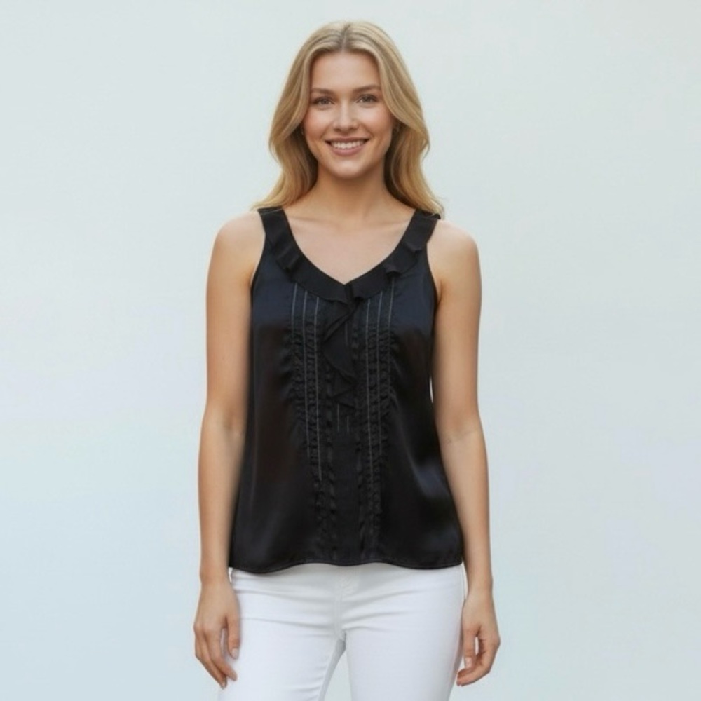 White House Black Market 100% Silk Sleeveless Ruffled V-Neck Black Tank Top